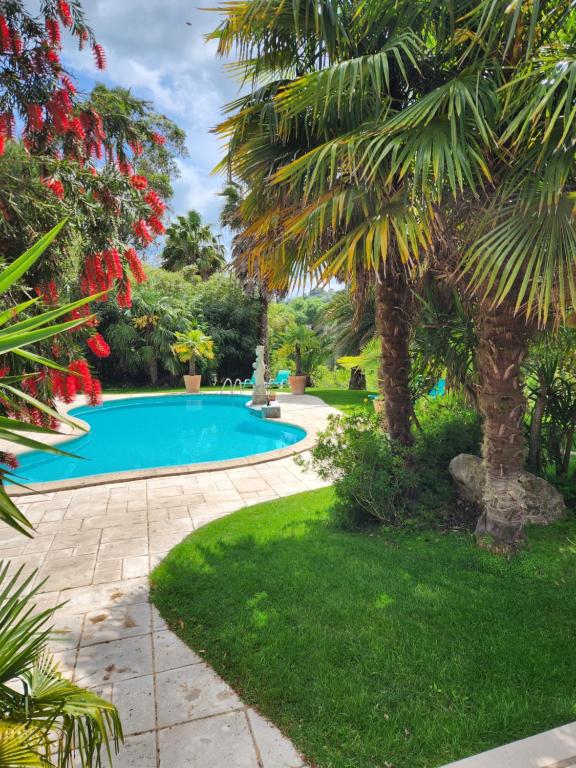 a swimming pool in a garden with palm trees at Quinta do Vale Encantado "the Valley" - Santarém - Portugal in Calhariz