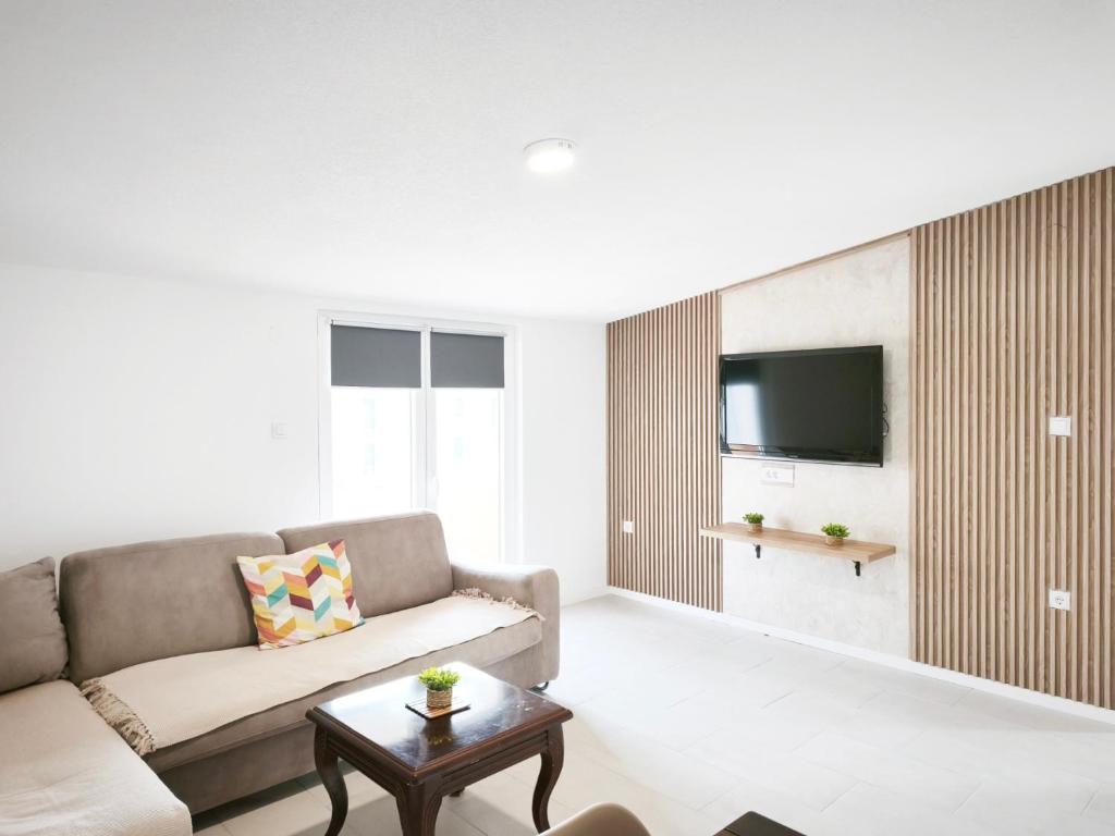 a living room with a couch and a tv at Apartmani Vukovic in Budva