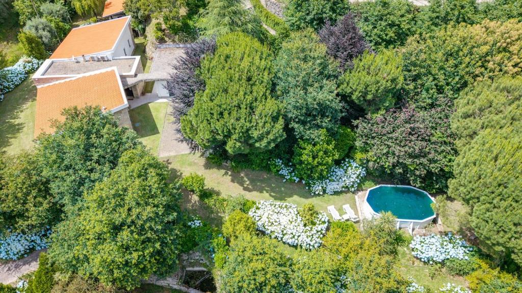 an aerial view of a house with a swimming pool and trees at Casa do Rego - by Proguest in Valdosende