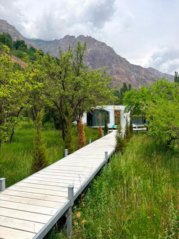 a wooden boardwalk in a field with mountains in the background at ZEVS-Holiday Complex in Deu