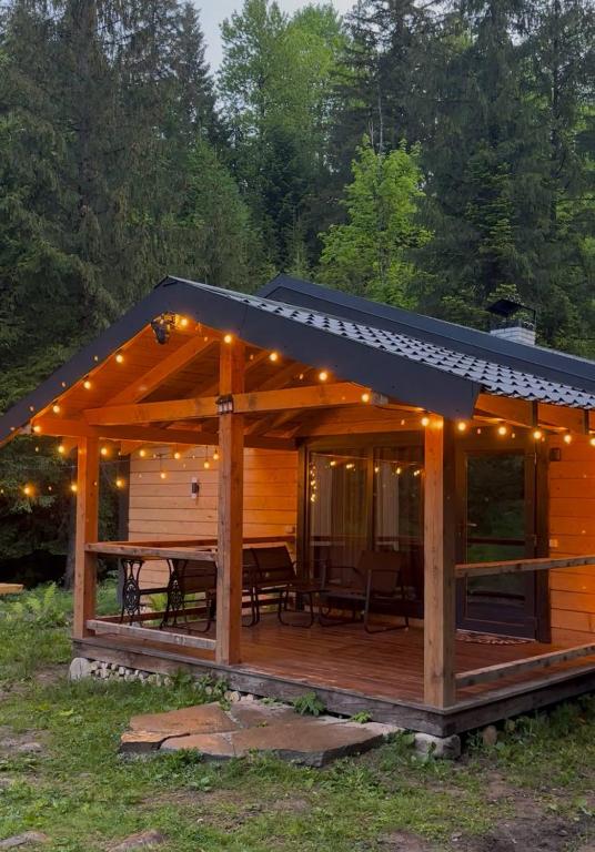 a large wooden cabin with a deck with a table at Чорногірський двір in Dzembronya
