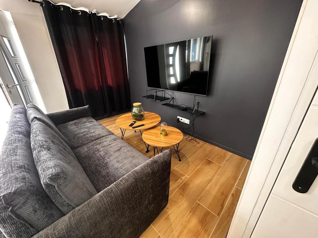 a living room with a couch and a table at BlakRiverHouse - Sèvre Niortaise in Niort