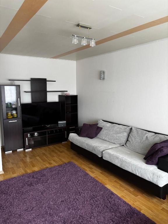 a living room with a couch and a flat screen tv at Mugavustega avar perekorter 3toaline in Võru