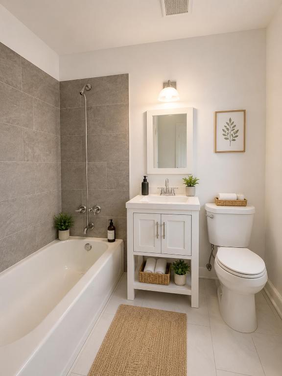 a bathroom with a tub and a toilet and a sink at Santorini Shores in Biscayne Park