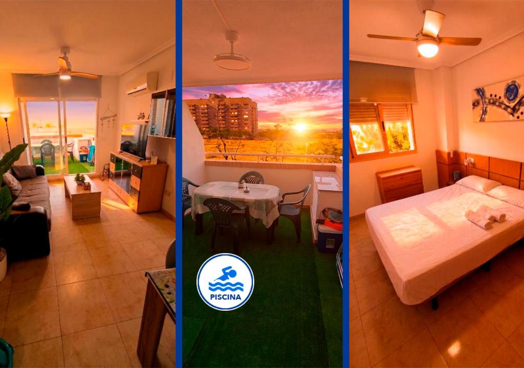 two pictures of a living room and a bedroom at Apartalux Magic Platinum in Oropesa del Mar