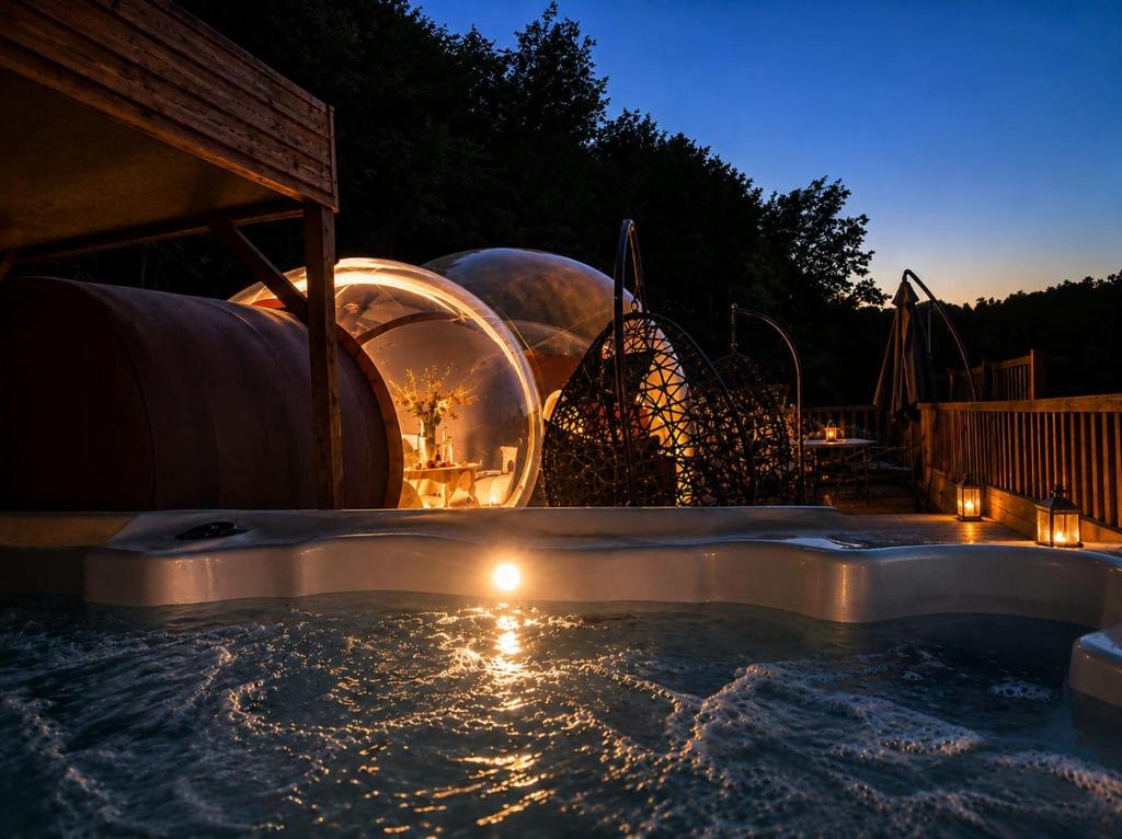 a hot tub with a fire in it at night at La Bulle Des Anges in Illoud