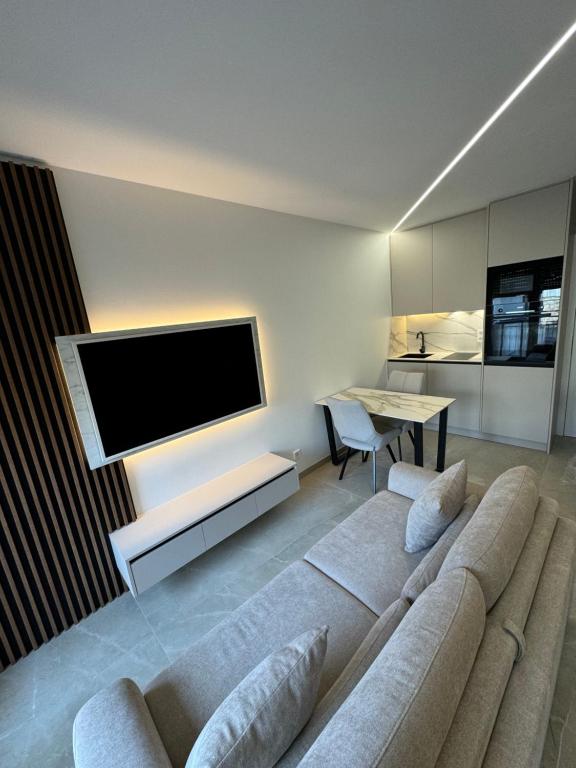 a living room with a couch and a flat screen tv at Esch City Studio in Esch-sur-Alzette