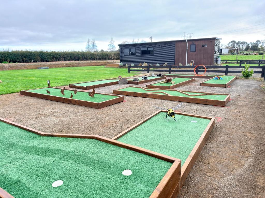 a group of golf putting greens in a field at Peachy On Pembroke stunning mountains views with 9 hole Mini Putt in Stratford