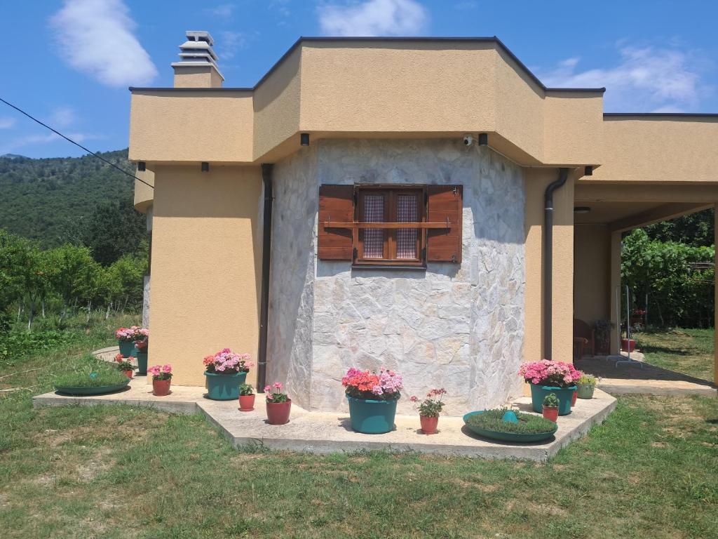 a small house with potted plants in front of it at Apartman Dar Bošković Klasik in Danilovgrad