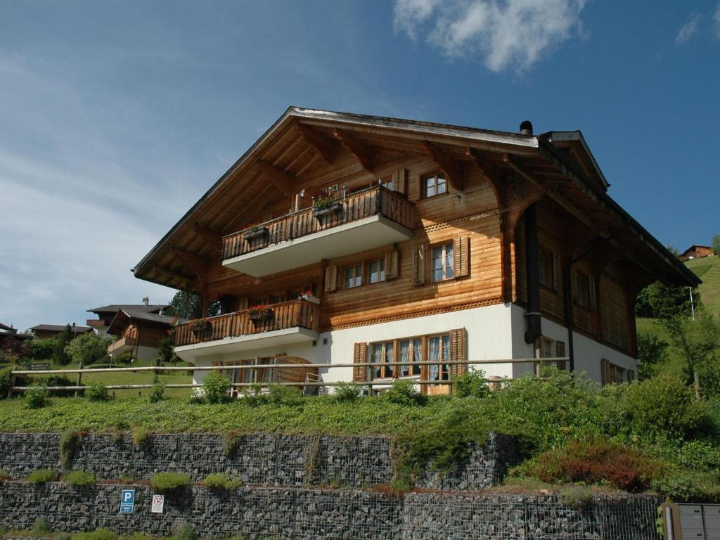 una gran casa de madera en la cima de una colina en Luxurious Chalet in Habkern with Private Garden en Habkern