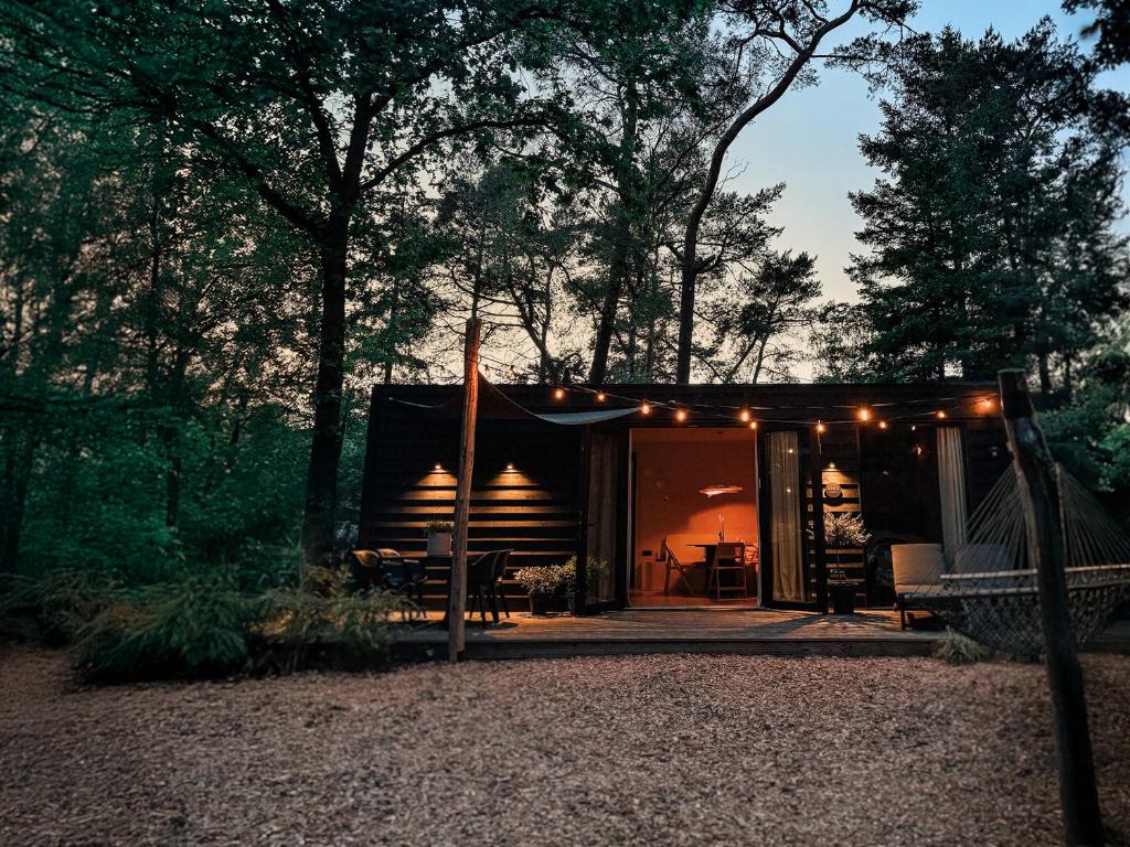 ein Zelt im Wald mit Lichtern darauf in der Unterkunft Japandi Tiny House STEC op de Veluwe in Nunspeet