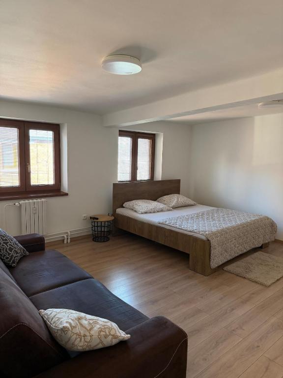 a living room with a bed and a couch at Stodolni centre LOFT in Slezská Ostrava