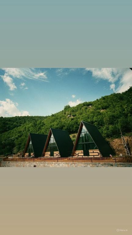 a group of buildings with green roofs in front of a mountain at Bujtina Panorama Kir in Kashec