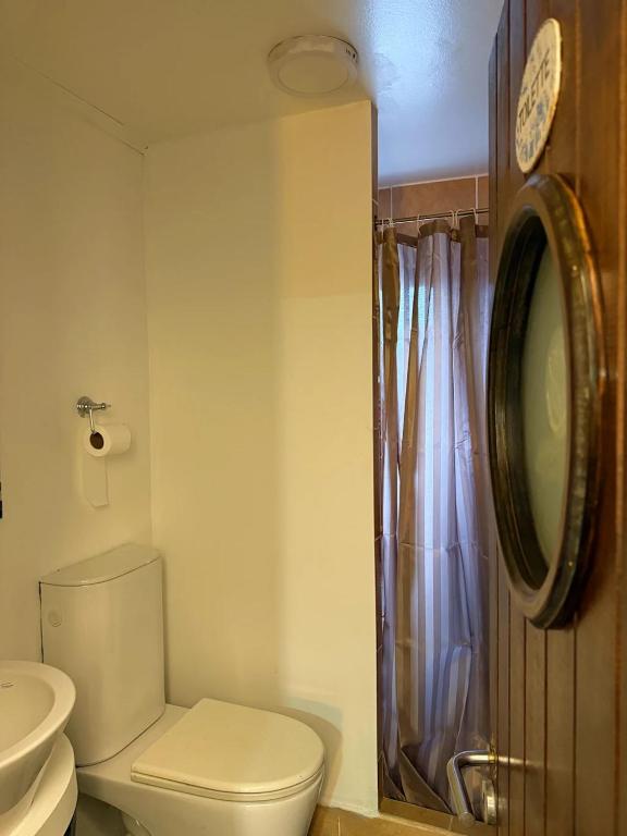 a bathroom with a toilet and a sink and a mirror at Torre al Sur in Ushuaia