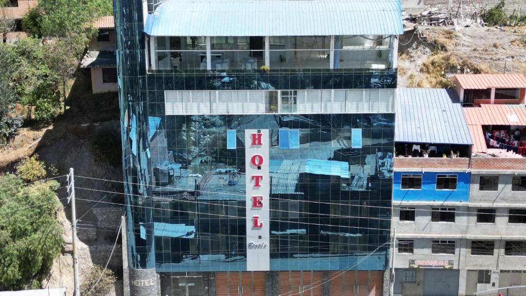 an overhead view of a building with a sign on it at Hotel ROYALS HUARAZ in Huaraz