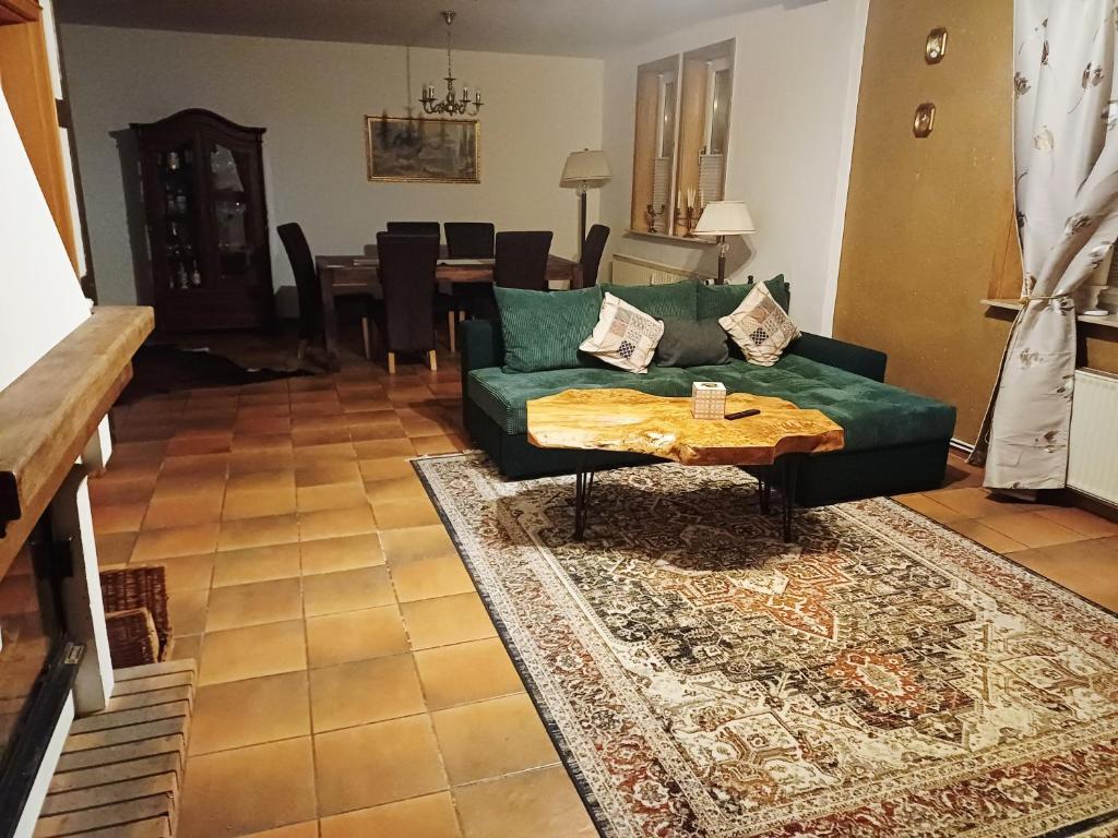 ein Wohnzimmer mit einer grünen Couch und einem Tisch in der Unterkunft SollingNest in Uslar