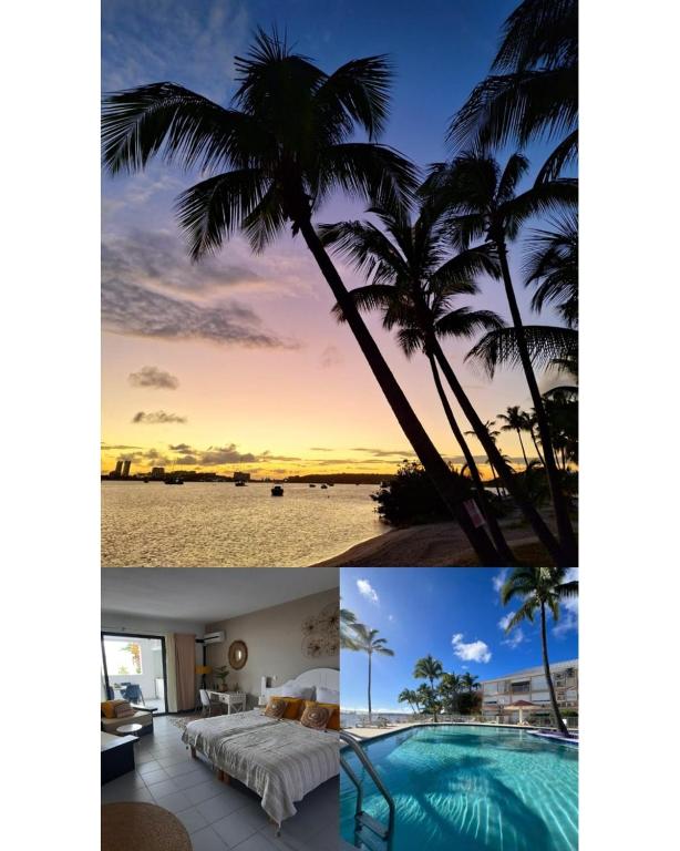 a collage of two pictures of a resort with a pool and palm trees at Ti Koala in Baie Nettle