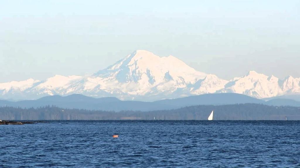 a sailboat in the water with a mountain in the background at View of Ocean & MOUNT BAKER in White Rock