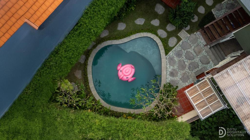an overhead view of a pool with a pink pig in the grass at Umah Dedari in Keramas