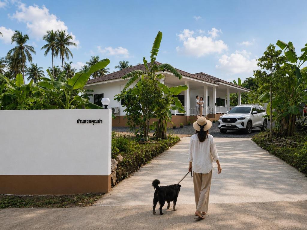 a woman walking a black dog on a leash at Grandma's Samui Garden - บ้านสวนคุณย่า in Ban Tai