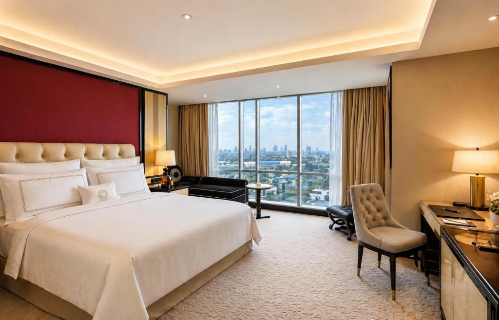 a hotel room with a bed and a desk and a window at Trans Hotel Jakarta in Cibubur