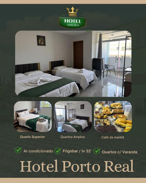 two pictures of a hotel room with two beds at Hotel Porto Real in Pôrto Real
