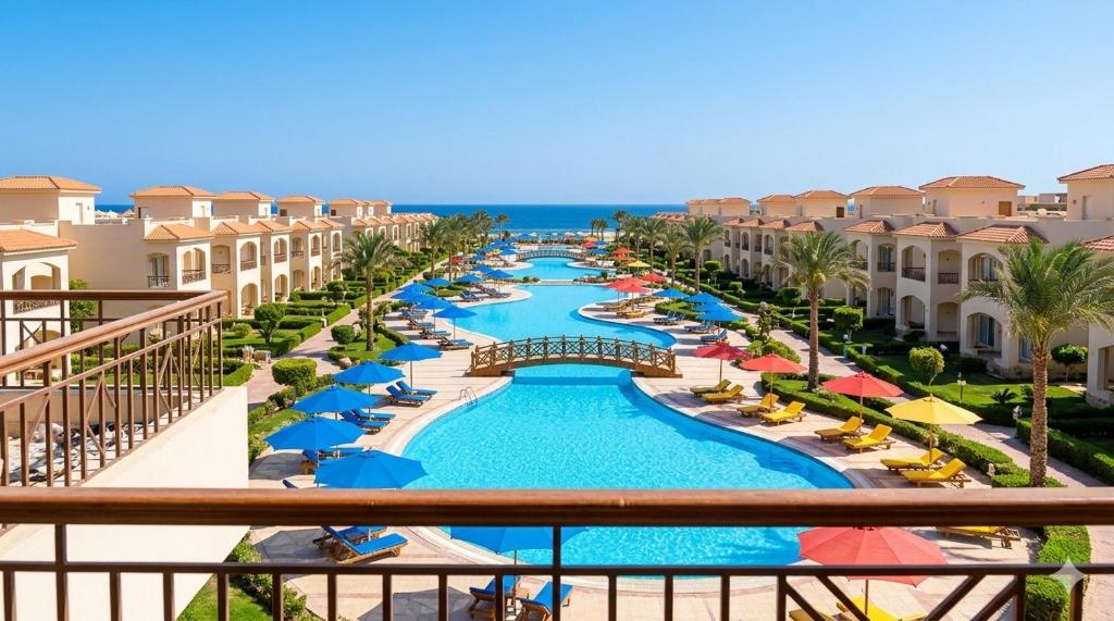 a view of a resort pool with chairs and umbrellas at بانوراما in Zāwiyat ‘Abd al Mun‘im