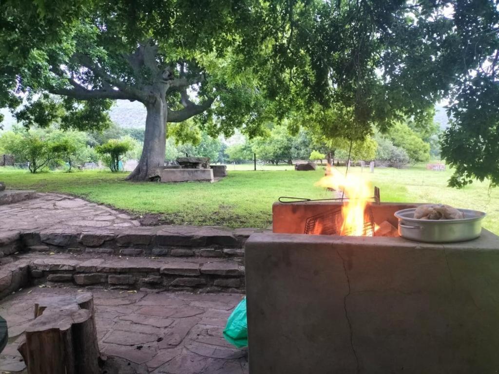 a fire pit in a park with a bowl of food at Glen Avon Farm in Somerset East