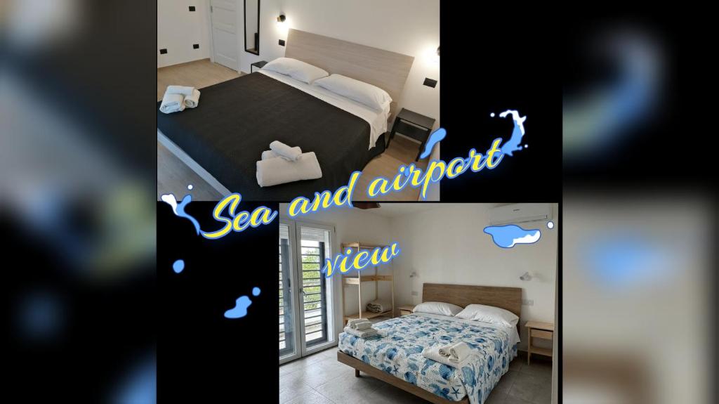 two pictures of a hotel room with a bed and apartment at Sea and Airport View in Fiumicino