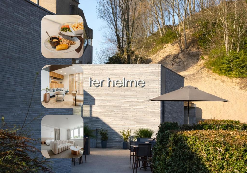 two pictures of a building with a table and an umbrella at Duindomein Ter Helme in Oostduinkerke