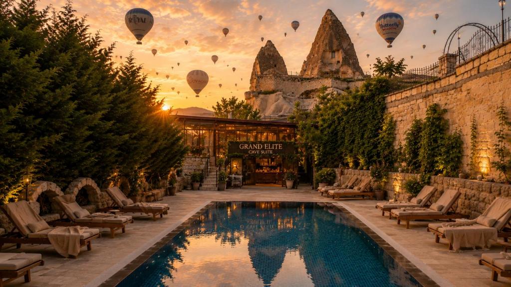 a pool with hot air balloons flying in the sky at Grand Elite Cave Suites in Göreme