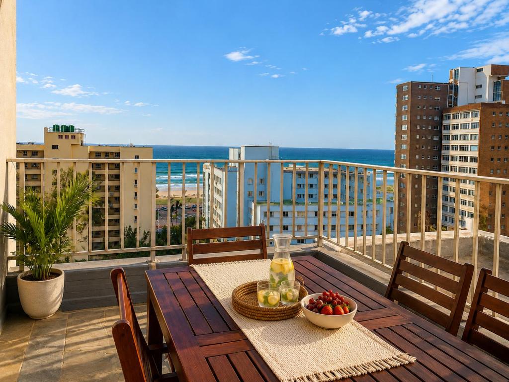 a table with a bowl of fruit on a balcony at Oceanic Apartment - Ocean views - Self-Catering in Durban
