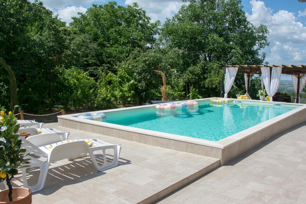 a swimming pool with chairs and a table at Casa Horizont in Slankamenački Vinogradi