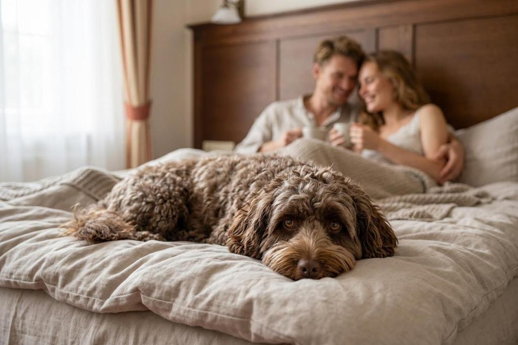 a man and a woman sitting in bed with a dog at Europa Royale Druskininkai in Druskininkai