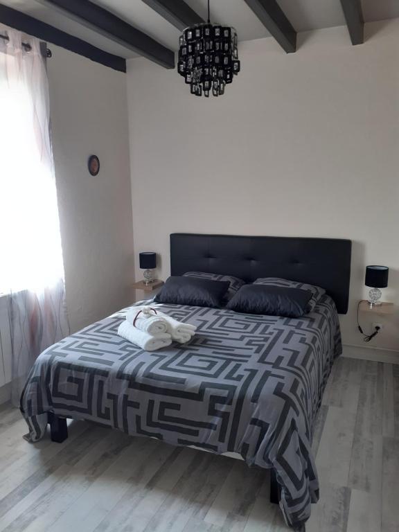 a bedroom with a bed with a black and white comforter at Gite du Canal in Gannay-sur-Loire