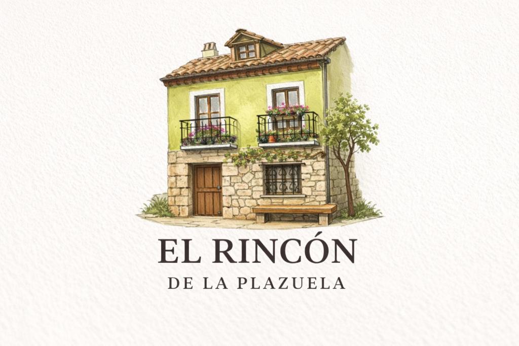 an illustration of an old house with a bench at El Rincón de la Plazuela in Romancos