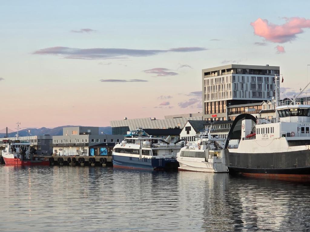 a group of boats are docked in a harbor at Scandic Syv Søstre in Sandnessjøen