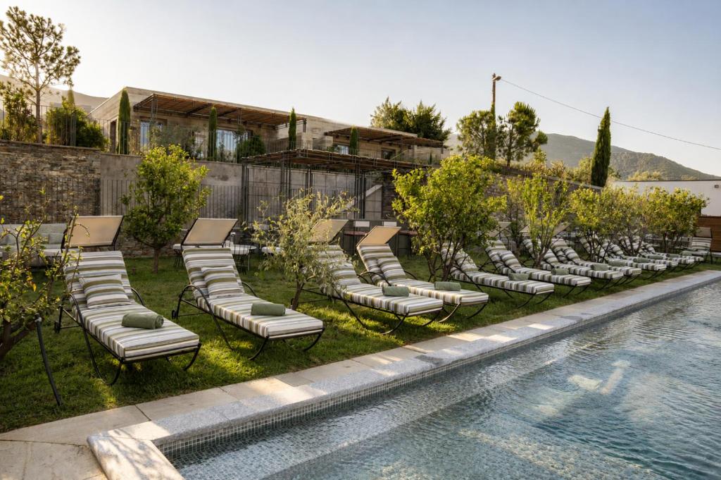 a row of lounge chairs next to a swimming pool at ROSEMARY hôtel in Bastia