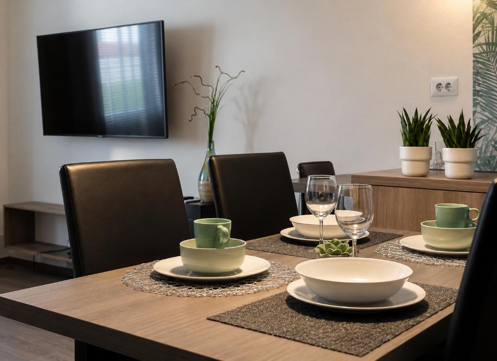 a dining room table with plates and wine glasses at Apartma Lilly in Bohinjska Bela