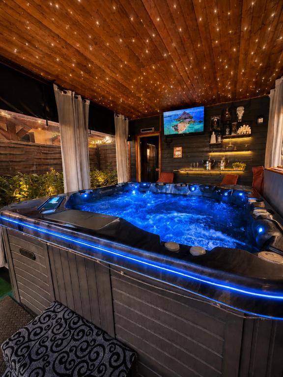 a jacuzzi tub in a room with a television at Gímes Apartman in Cserszegtomaj