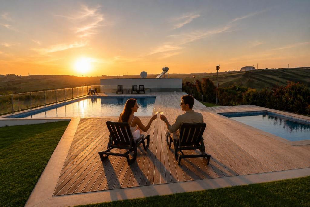 a man and woman sitting in chairs in front of a pool at Carina Villas with Pool and Ocean view in Lourinhã