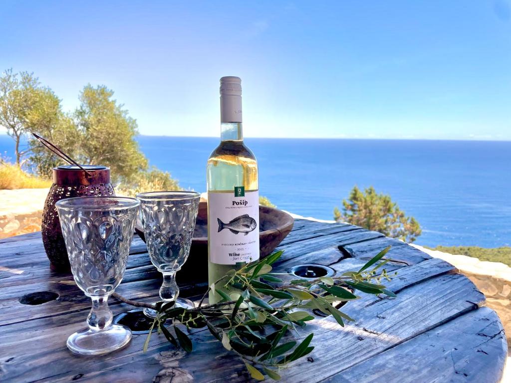 a bottle of wine and two glasses on a wooden table at Unique Robinson-House with breathtaking seaview in Podšpilje