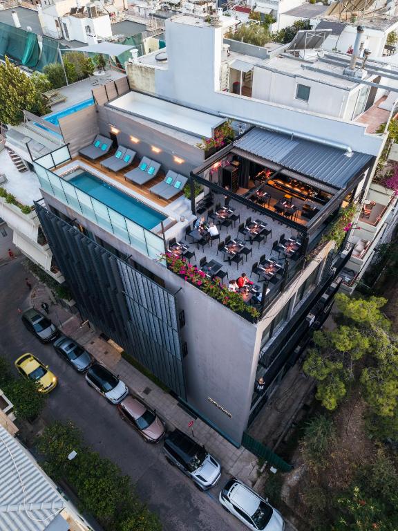 an overhead view of a building with a restaurant at The Duke Boutique Suites in Athens