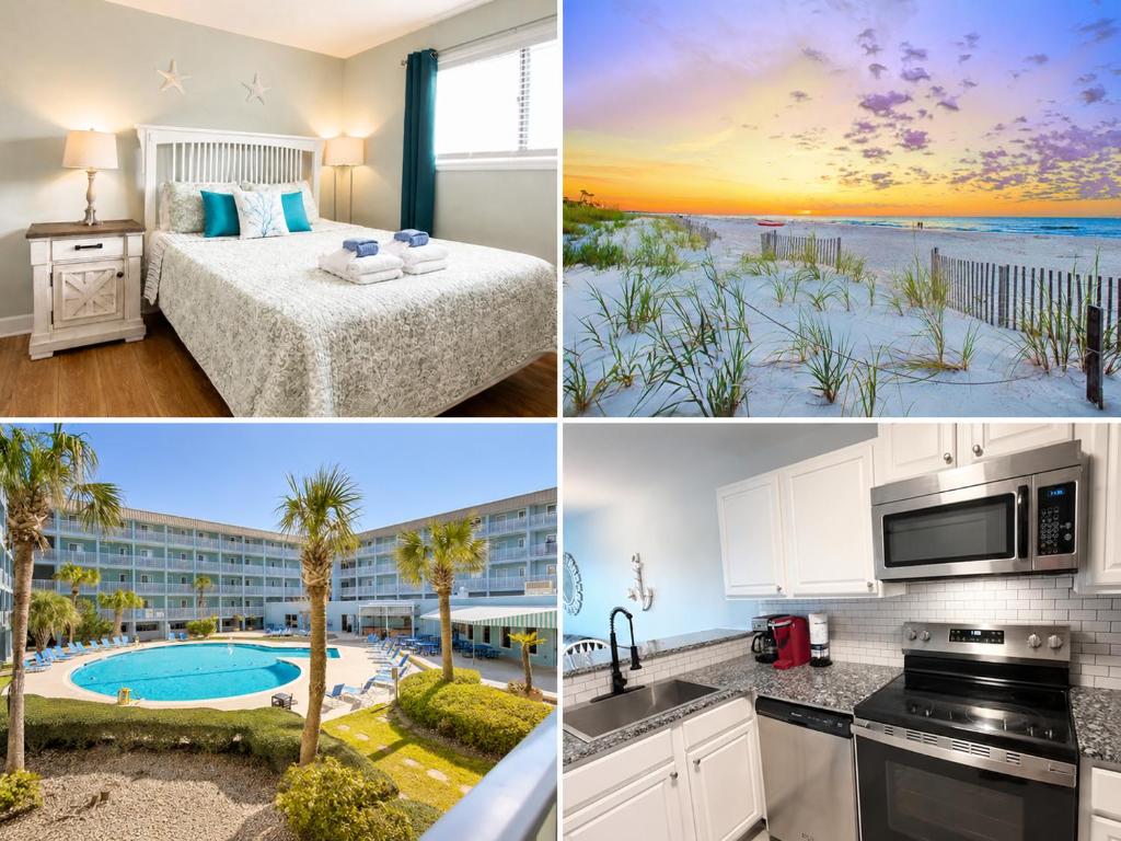 a collage of photos of a hotel room with a view of the beach at Family Getaway - Boardwalk to the Beach, 3 pools, Tennis in Hilton Head Island