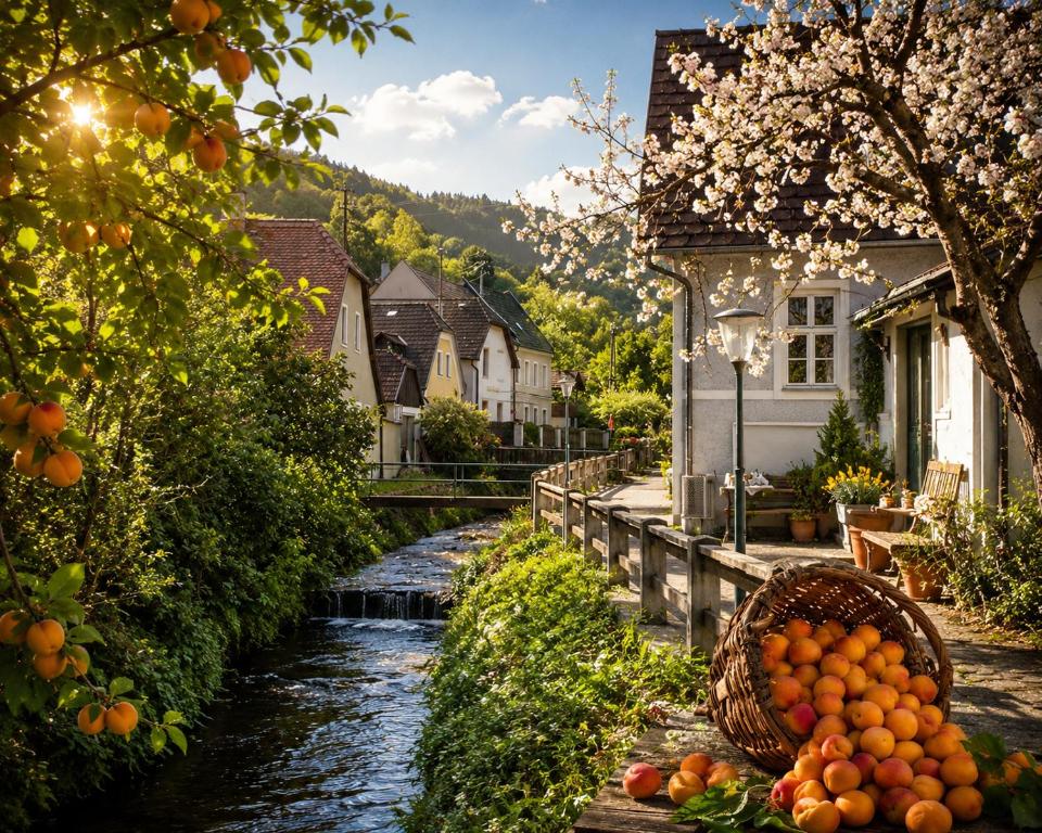 a basket of oranges next to a river with houses at Zuhause am Bach Ruhige Unterkunft für Erholungssuchende am Welterbesteig und Donauradweg in Aggsbach