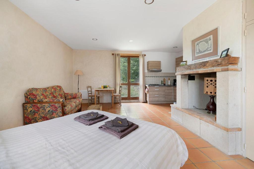 a bedroom with a bed and a living room with a fireplace at Studio au Pied de Puycelsi in Puycelci