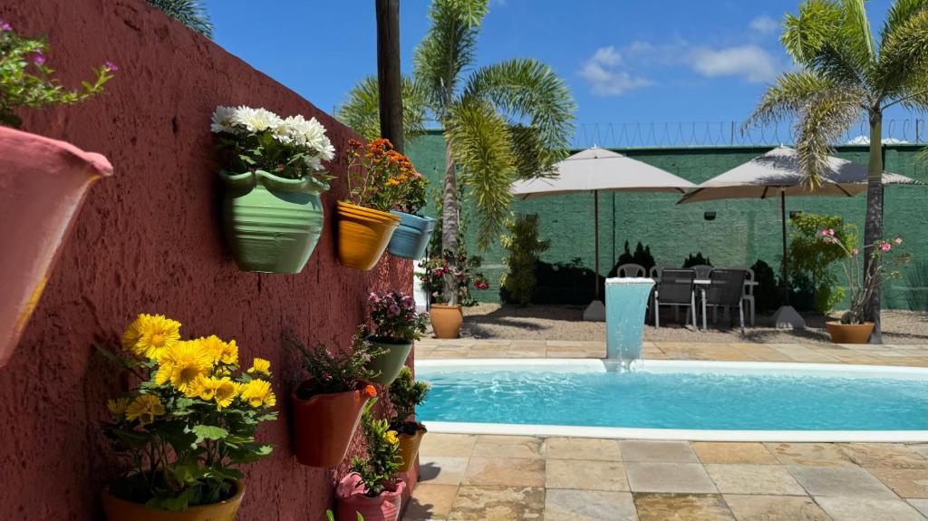 a red wall with potted plants and a swimming pool at Lounge PDD in Aquiraz