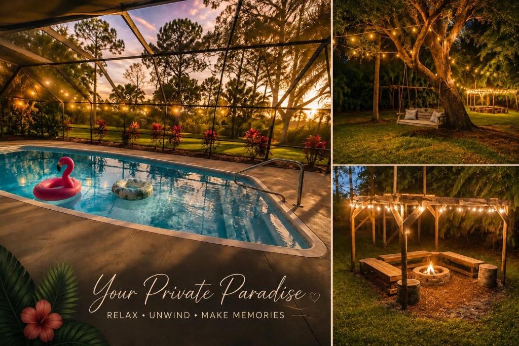 a collage of three pictures of a swimming pool with lights at Heated pool at Persimmon Retreat in West Palm Beach