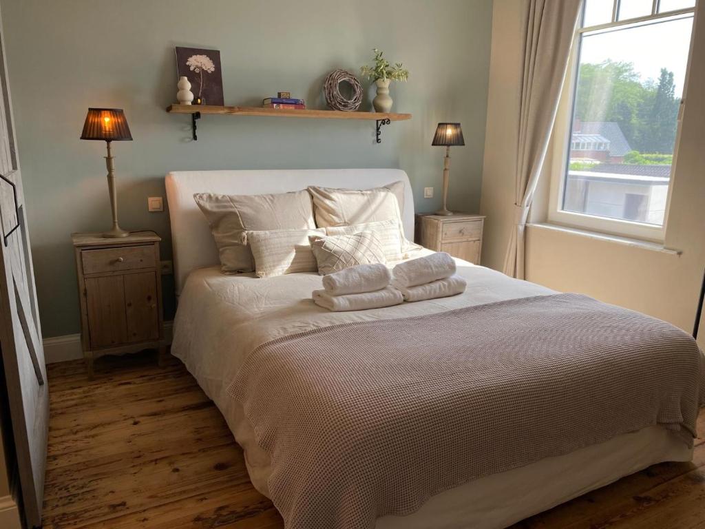 a bedroom with a bed with two pillows and a window at B&B Tierlantijn in Hamont