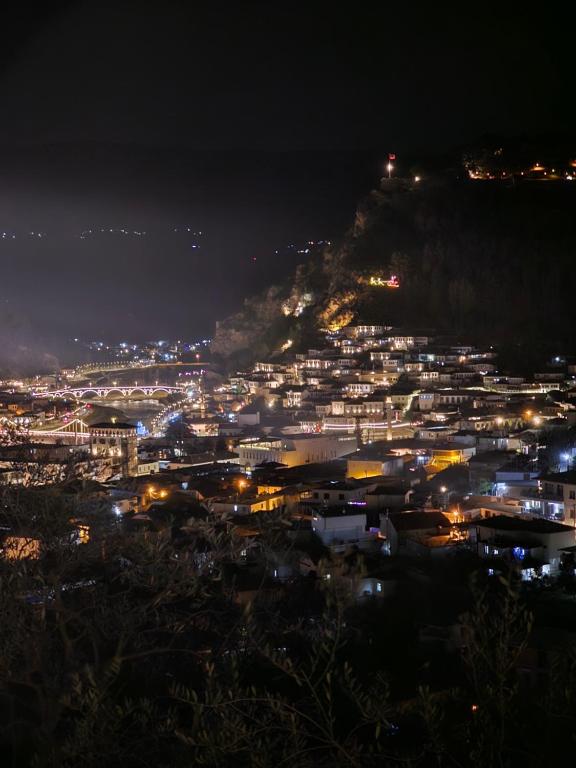 a view of a city at night at Guest House Pashollari in Berat